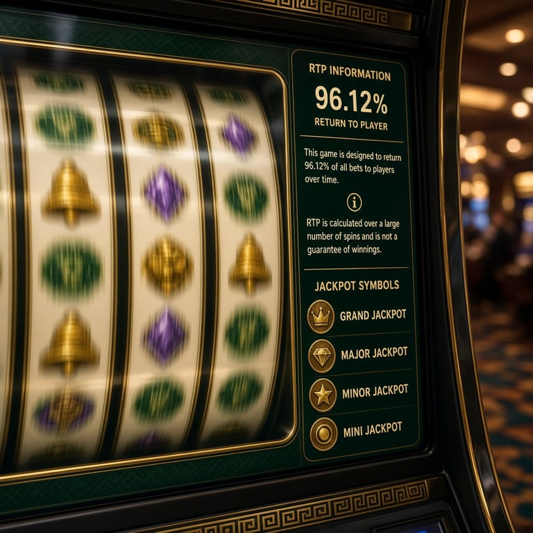 A modern pokie machine display showing reels, RTP information and jackpot symbols in an Australian casino setting