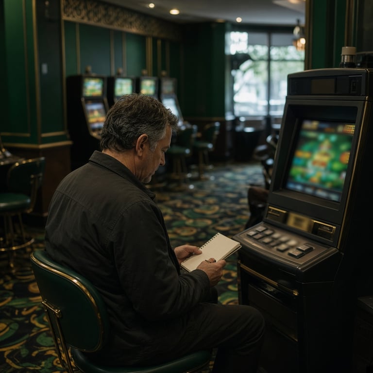 A quiet Australian-style casino room with one pokie player checking a session limit beside a machine