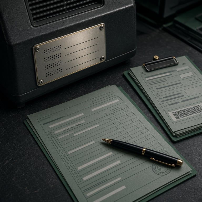 A close-up of a gaming machine serial plate, service paperwork and delivery notes on a workbench