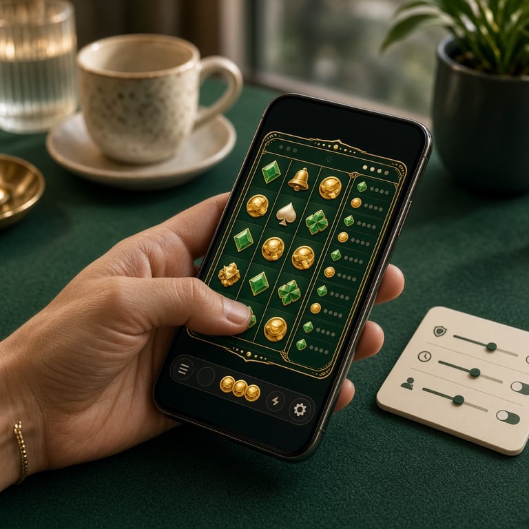 Mobile casino pokies game with colourful reels, virtual coins, and clear responsible play settings