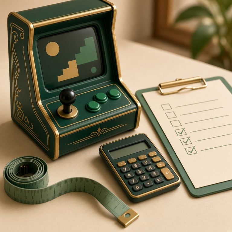 A vintage-style gaming machine cabinet beside a calculator and an Australian purchase checklist