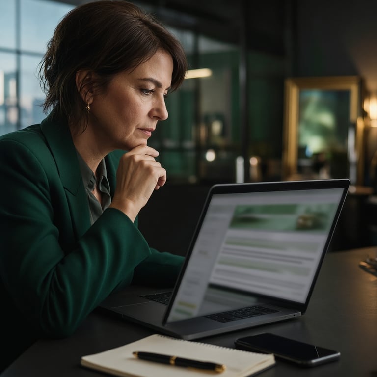 A journalist reviewing Australian gambling policy headlines on a laptop beside a notebook and smartphone