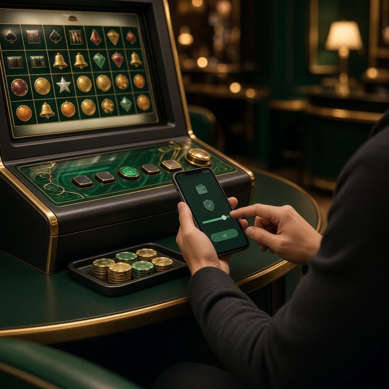 A player reviewing a pokie paytable and setting a clear entertainment budget on a phone beside casino credits