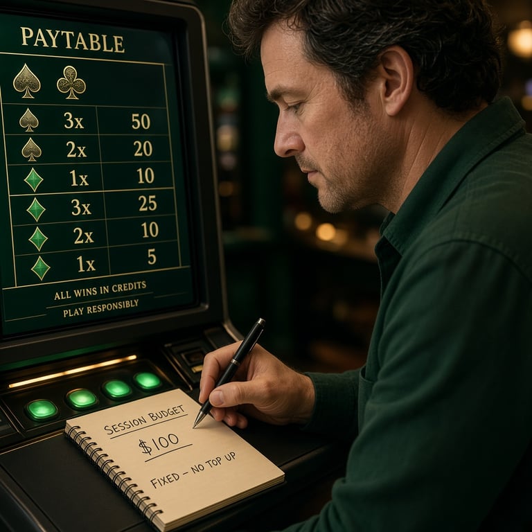 Close-up of an adult player checking pokie game information and a session budget before play